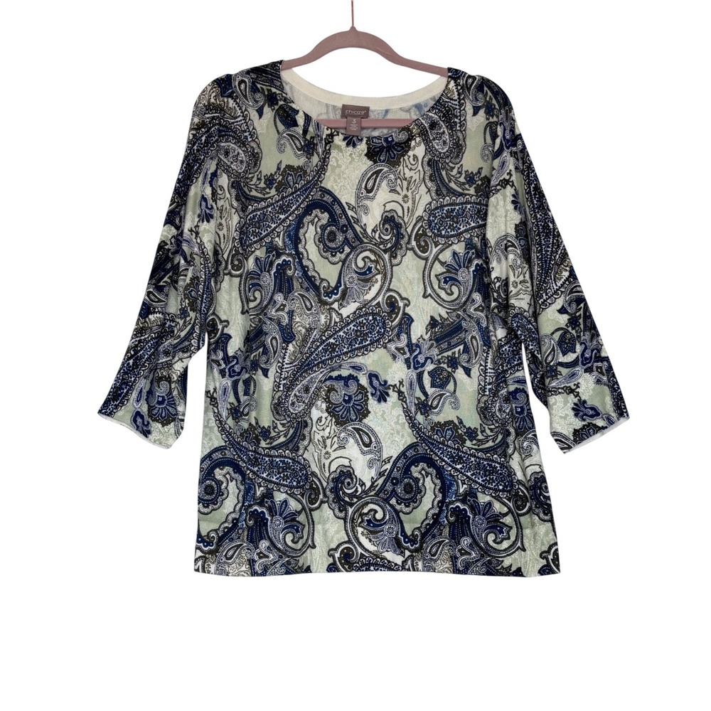 Chicos Blue Green Paisley Cashmere Blend Knit Top 3/4 Sleeve Size 3 XL